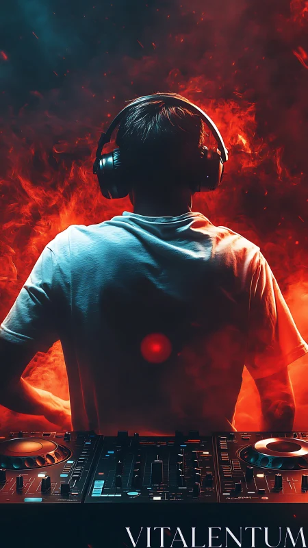 DJ silhouette at fiery mixer deck with dramatic lighting.