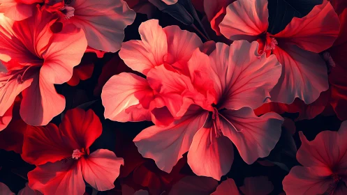 Crimson Hibiscus Blooms Against Black Background.