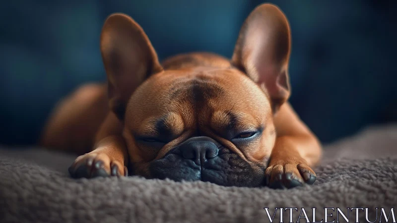 Shallow-depth close-up captures French bulldog in frontal sleep posture