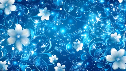 Digital composition with luminescent floral elements on deep blue background