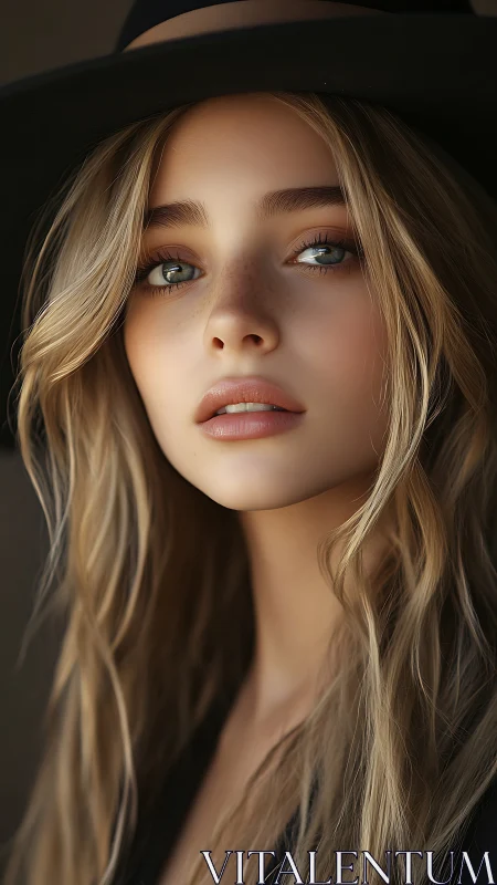 Soft-lit portrait of blonde woman in wide-brimmed hat.