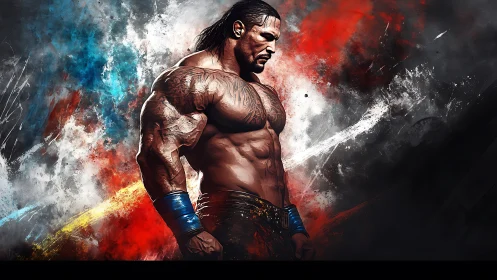 Muscular warrior in profile amid explosive abstract color field