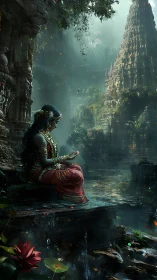 Mystical riverside goddess rests beside an ancient stone temple