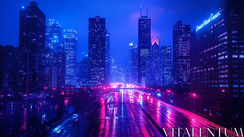 Cyberpunk skyline corridor with neon-soaked arterial highway.