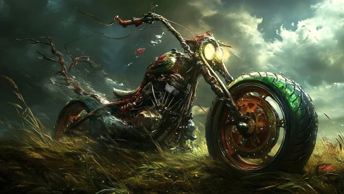 Wild nature-forged motorcycle roaring through stormlight.