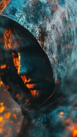 Hooded digital portrait uses teal shadows and orange rim light