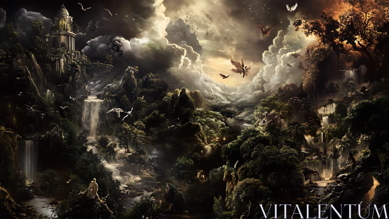 Epic celestial jungle landscape with waterfalls and ruins.