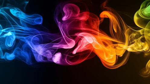 Multicolor luminous smoke wisps on black with spectral gradients