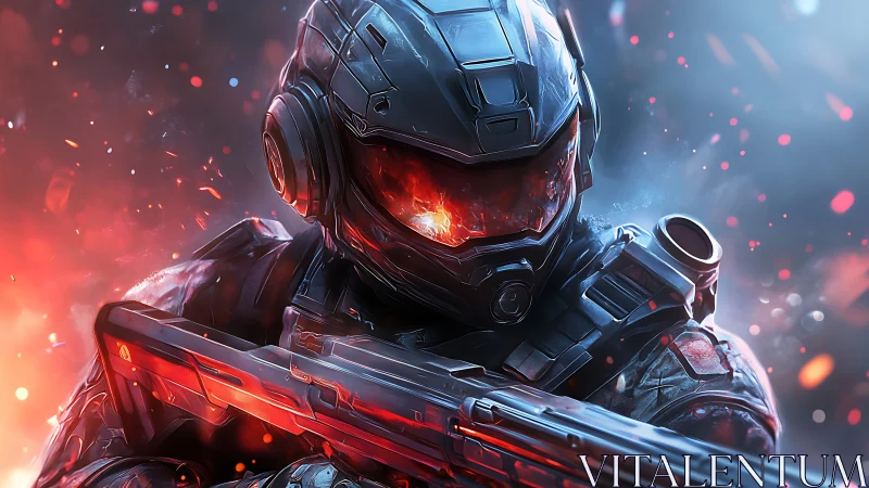 Armored space soldier amid blazing neon embers in combat.