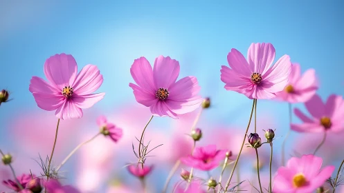 Pink cosmos flowers swaying under clear blue sky