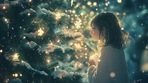 Young girl studies glowing snowflakes on a luminous pine tree