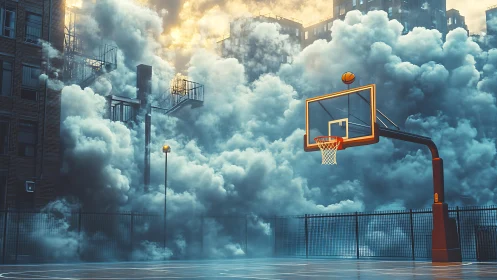 Urban basketball court amid dense smoke and tall buildings.