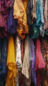 Layered Textile Display: Ornamental Fabric Assemblage with Chromatic Variation.