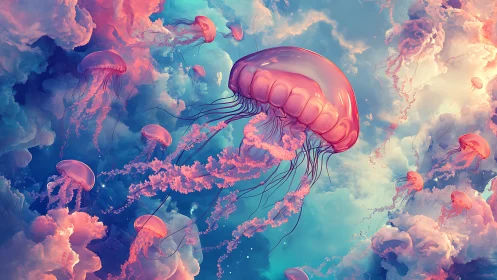 Jellyfish drift like rose-tinted comets through painted clouds