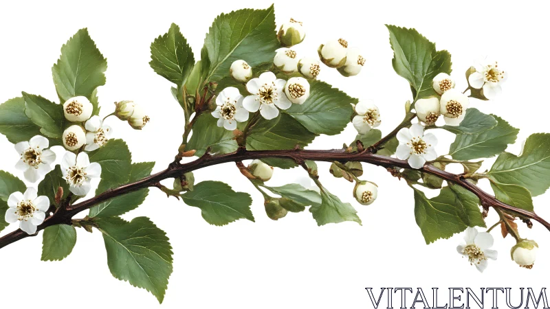 Botanical Study of Flowering Hawthorn Branch with White Blossoms.