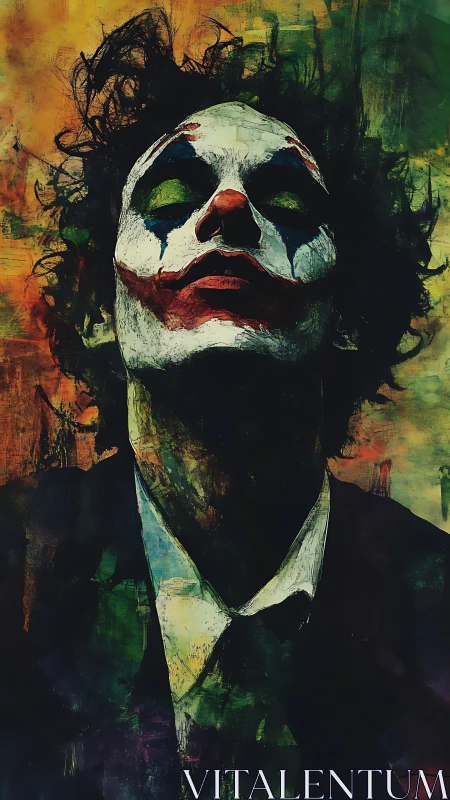 Expressionist portrait of clown-masked figure in vertical close-up