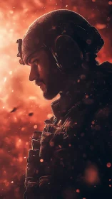Tactical soldier profile in ember-lit cinematic portrait.