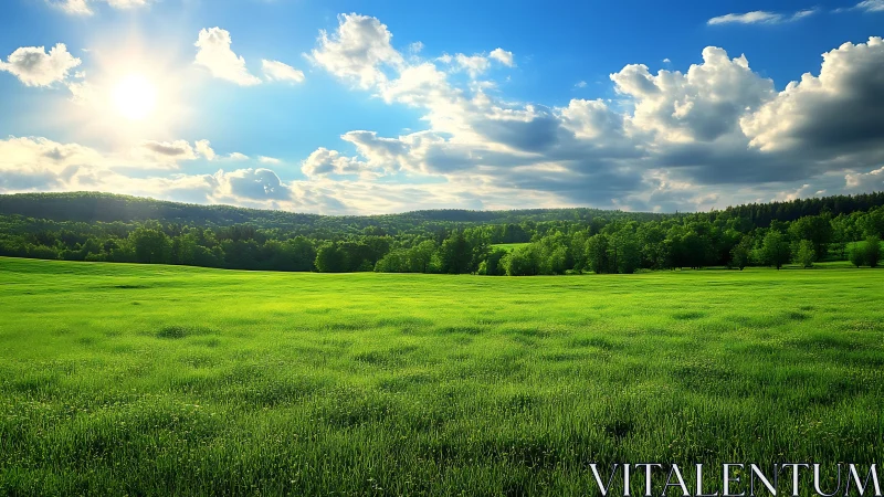 Sunlit green meadow stretches toward distant forest line