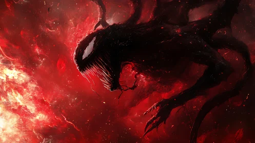 Symbiotic shadow entity in turbulent red nebular vortex.