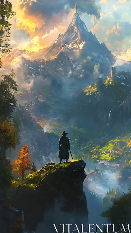 Solitary cloaked figure surveys extensive alpine valley landscape