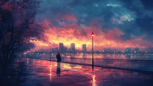 Rain-slick riverside promenade at sunset with luminous skyline.