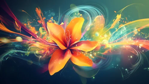 Radiant orange flower explodes into swirling neon light trails.