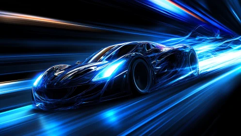 Futuristic sports car moves through stylized blue light trails