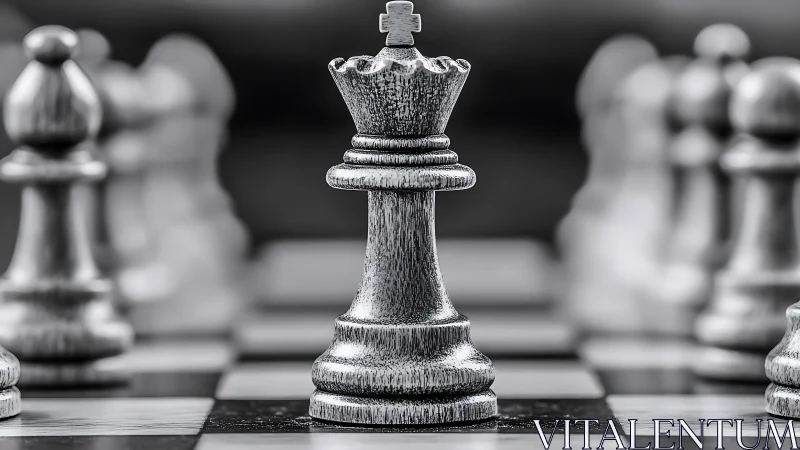 Chess Queen in Focus Amid Blurred Pieces.