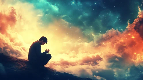 Quiet prayer between clouds and stars in glowing twilight sky.