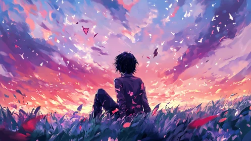 Solitary figure observing painterly twilight sky panorama.