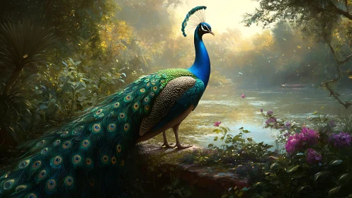 Peacock standing beside reflective river in dense greenery.