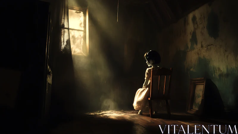 Lonely doll in dusty attic lit by a narrow sunbeam.