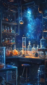 Laboratory workstation filled with glassware against starry space