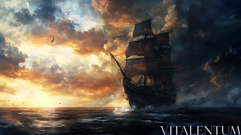 Tall ship cuts stormlit horizon under burning clouds.