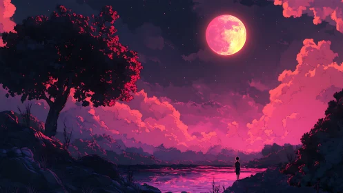 Crimson moonrise over reflective lake in stylized nightscape.