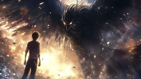 Figure faces large winged entity amid luminous cloud field