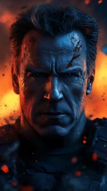 Battle-hardened hero stands strong in glowing firelight.