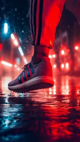 Neon-lit running shoe suspended above wet asphalt with bokeh highlights