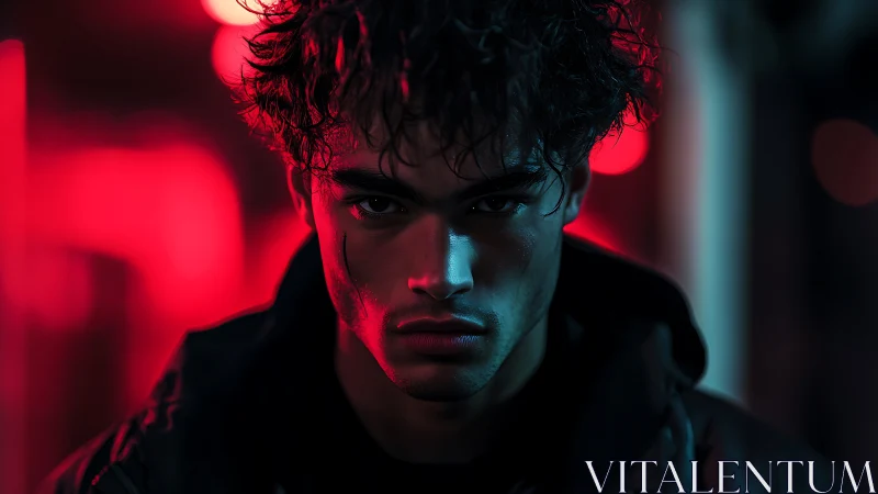 Moody neon portrait with intense cinematic stare at night.