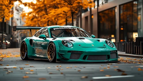Turquoise race Porsche stands bold under fiery autumn trees