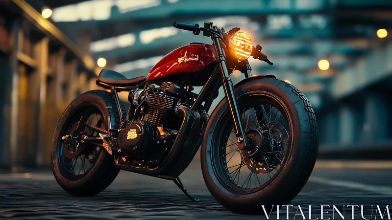 Custom cafe racer motorcycle under urban evening lights.