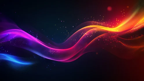 Curved multicolor light bands traverse a dark digital field