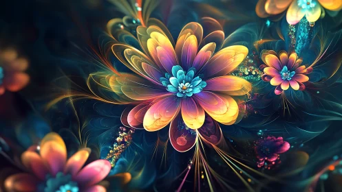 Radiant fractal blossoms unfold in luminous cosmic space.