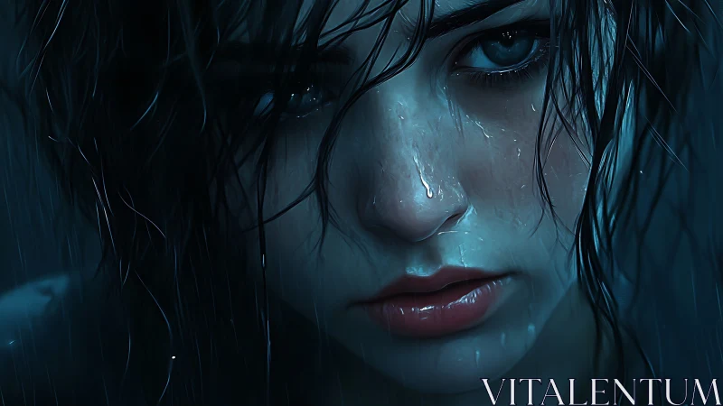 Wet female face fills frame under heavy blue-tinted rain