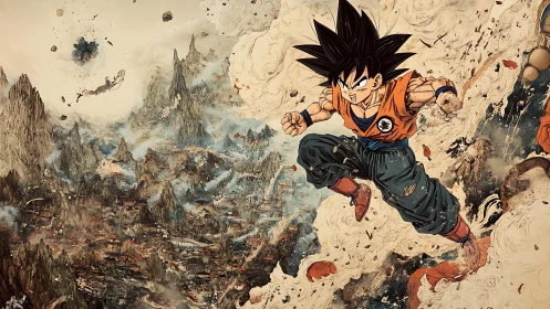 Energetic anime fighter flying over chaotic mountain cityscape.