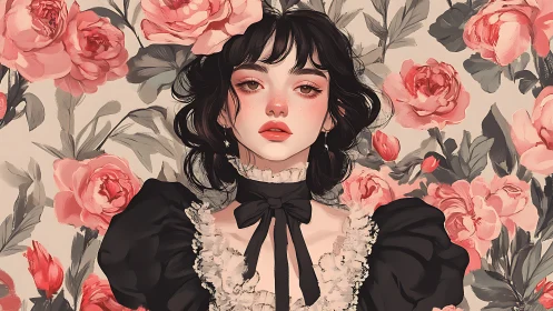 Dark haired woman in black dress against pink floral wall.