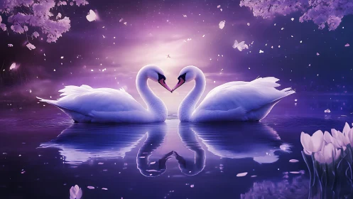 Two swans form heart shape in purple luminescent water setting.