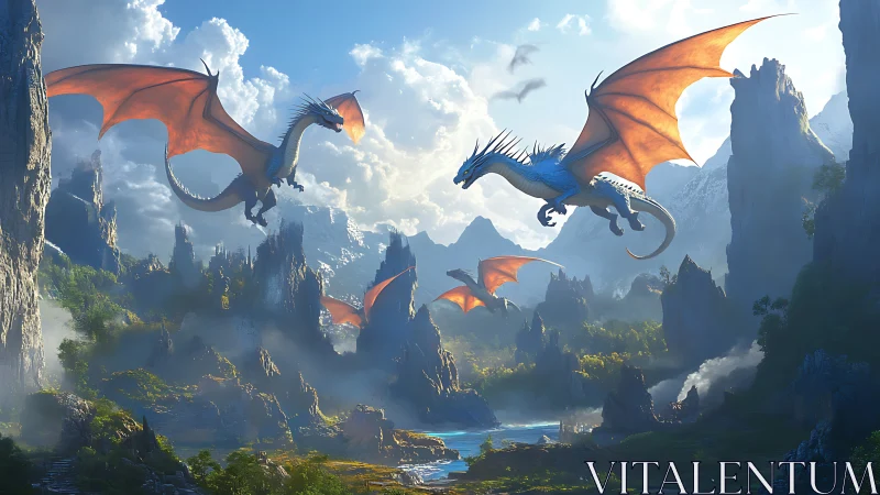Dragons soar above misty coastal spires in golden light.
