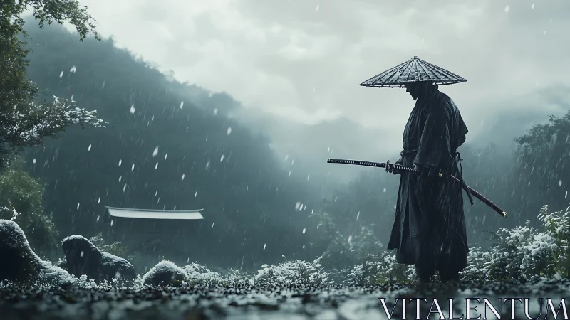 Lone samurai stands in rainy mountain landscape scene.