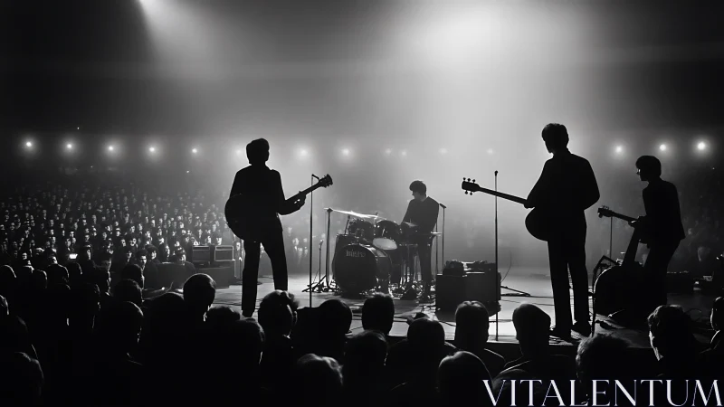 Silhouette rock band commands stage before vast crowd.